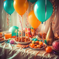 Fototapeta na wymiar Cake, candy, chocolate, whistles, streamers, balloons. Children's birthday party. 
