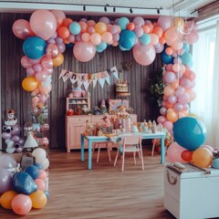 Children's birthday party in decorated room. Generative AI.