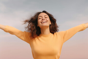 Delighted and composed, a youthful woman in lingerie lifts her arms widely, showcasing her polished underarms against a gentle pastel orange and vintage orange backdrop. generative AI.