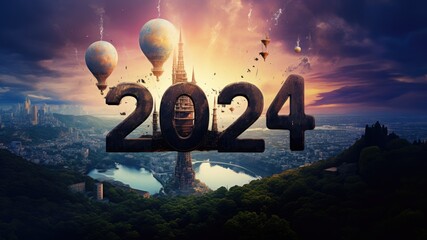 New year 2014 concept with Eiffel Tower and hot air balloons, AI Generated