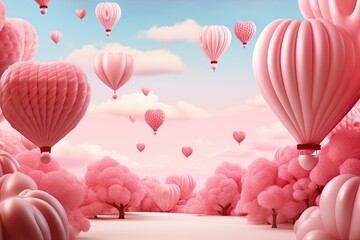 3d rendering of pink hot air balloons flying in the blue sky, 3d illustration of Valentines day background with hot air balloon, AI Generated