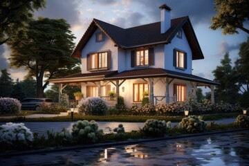 Fototapeta na wymiar 3D rendering of a beautiful house with a garden in the evening, 3d beautiful residential house render, AI Generated