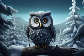 Owl on a branch in the winter forest. 3d illustration, 3d cartoon illustration of a great grey owl in the winter, AI Generated