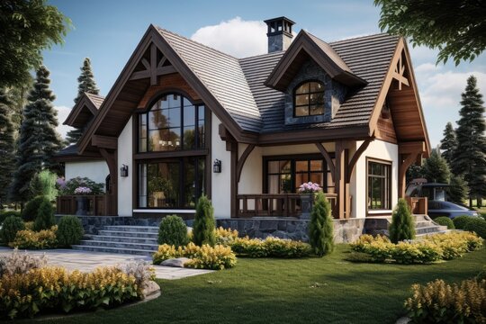 3d rendering of modern cozy chalet with garage for sale or rent, 3d beautiful residential house render, AI Generated
