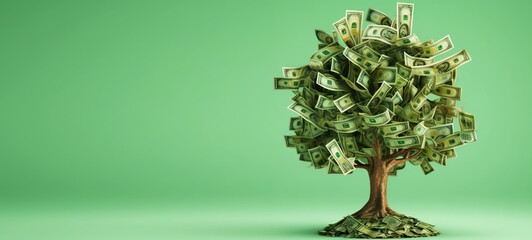 Money tree on light green background. Leaves as dollar bills. Investment concept. Generative AI