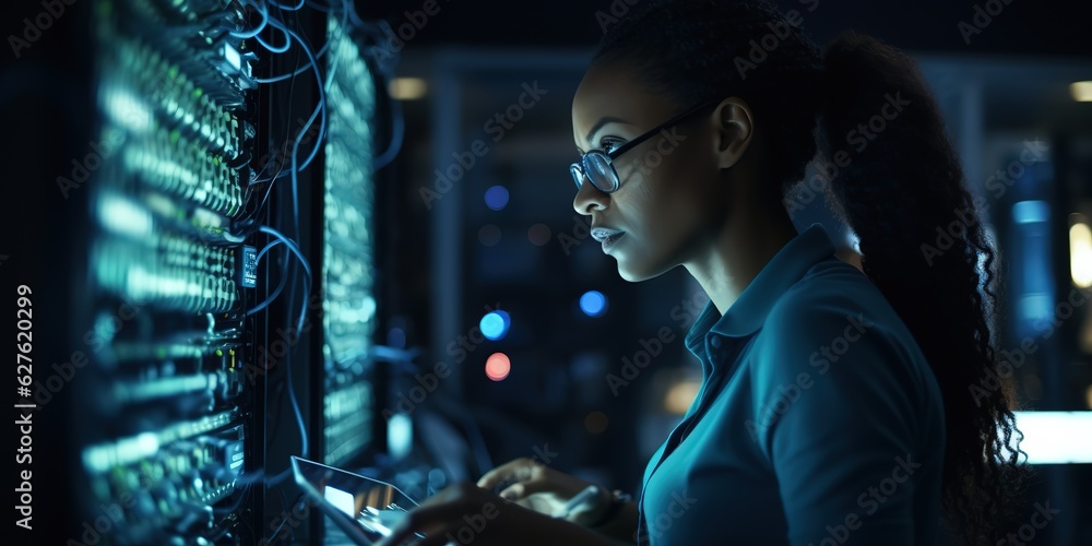 Poster A female programmer is solving problems or troubleshooting a computer.