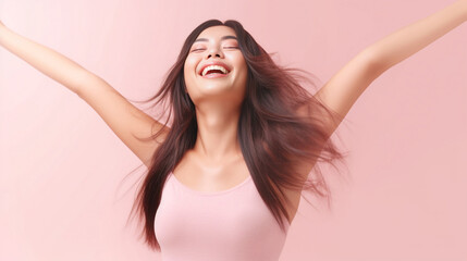 Fototapeta premium a charming smile and relaxed demeanor, a pretty lady in an underwear dress raises her arms wide, revealing smooth armpits against pastel pink old rose background. generative AI.