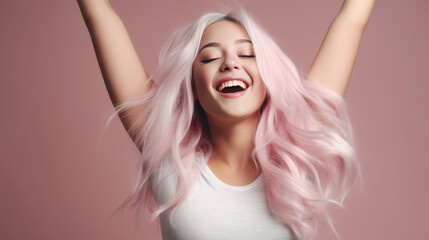 a charming smile and relaxed demeanor, a pretty lady in an underwear dress raises her arms wide, revealing smooth armpits against pastel pink old rose background. generative AI.