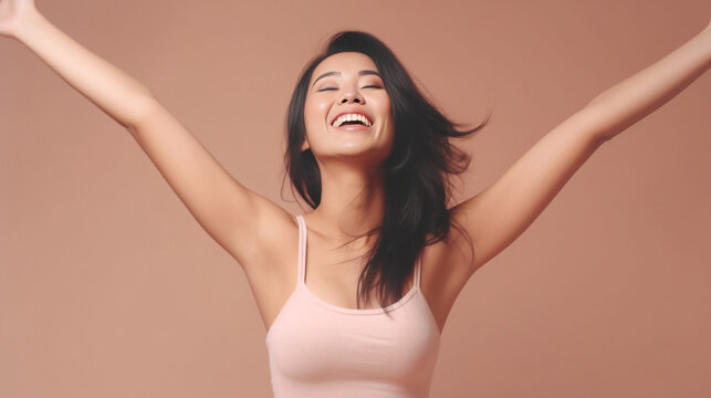 a charming smile and relaxed demeanor, a pretty lady in an underwear dress raises her arms wide, revealing smooth armpits against pastel pink old rose background. generative AI.