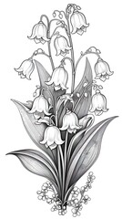 Cute Lily of the Valley flower in coloring page style illustration. Line art painting. Generative AI