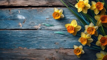 Fototapeta na wymiar Daffodil flowers on wooden planks background. Beautiful blooming plants. Generative AI