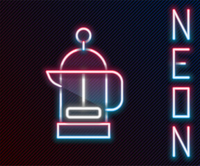 Glowing neon line French press icon isolated on black background. Colorful outline concept. Vector