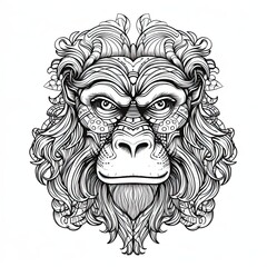 Ape animal line art illustration. Black and white coloring page style art. Generative AI