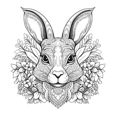 Rabbit animal line art illustration. Black and white coloring page style art. Generative AI