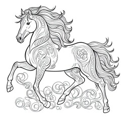 Pony horse animal line art illustration. Black and white coloring page style art. Generative AI