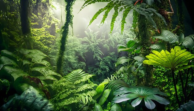 tropical jungle, vibrant jungle with lush green foliage, exotic plants, a variety of wildlife, rich biodiversity,  beauty of the tropical rainforest, jungle wallpaper, ai generated, generated ai 