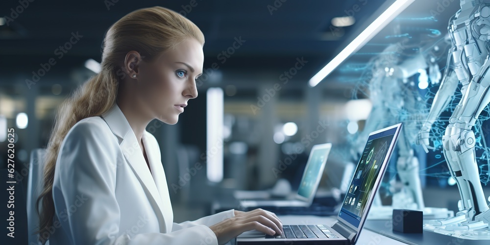 Aufkleber young woman scientist, robotics engineer using laptop computer for work.
