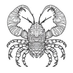 Lobster animal line art illustration. Black and white coloring page style art. Generative AI