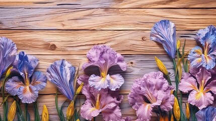 Iris flowers on wooden planks background. Beautiful blooming plants. Generative AI