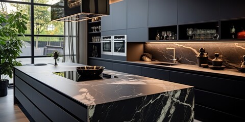 A contemporary design kitchen with sleek, handleless cabinets with black edges and black glass appliances.