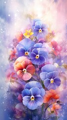 Watercolor Pansy flower illustration. Colorful painting floral background. Generative AI
