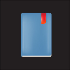 Vector blue book with red bookmark isolated on black background. Blue book sign and icon