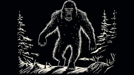 Simple black and white Linocut art of a Sasquatch in the woods. Simplistic lino print Bigfoot illustration. Generative AI