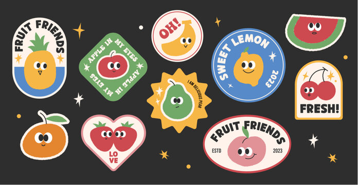 colorful set of cute fruits character sticker illustration