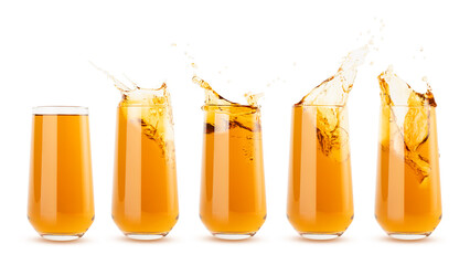 Set of five apple yellow cold juices in glass calm and bright splashes, drops flying, swirl...