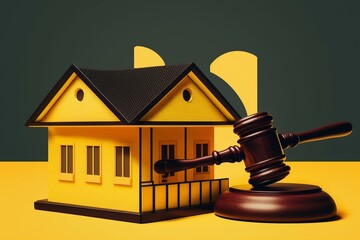 Yellow background with house and judge gavel. Real estate law: buying/selling homes, lease contracts, property division, confiscation. Generative AI