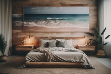 Seashore-themed bedroom showcasing a captivating canvas artwork. Generative AI