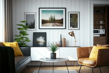 Living room with modern poster frame. AI generated, selective focus background. Generative AI