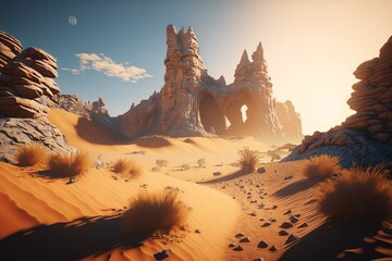 Mesmerizing desert featuring drifting dunes and luminous rocks in Unreal Engine 5 with incredible fidelity and cinematic color grading. Generative AI
