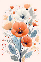 Floral Composition with Soft Colors and Wild Flower Motifs, minimal, minimalistic, flat design. - Generative AI