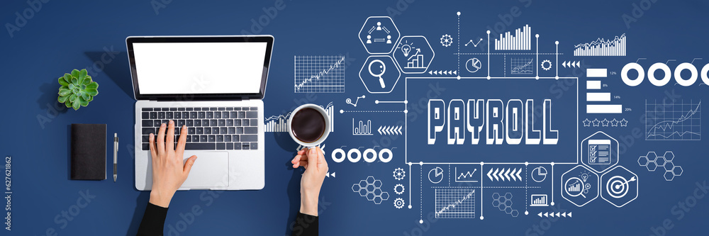 Poster payroll theme with person using a laptop computer