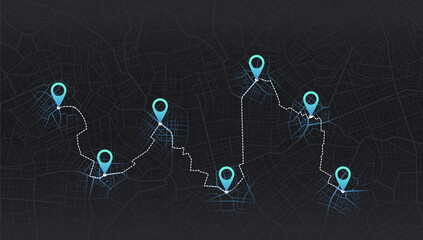GPS navigator screen with street roads, location, destination points. City top view. Online. Vector, illustration isolated. Urban highway plan, destination. Abstract transportation background.