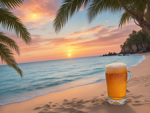 A glass of beer on a beach with coconut trees, as the sun sets. A serene and picturesque setting to unwind and savor.
