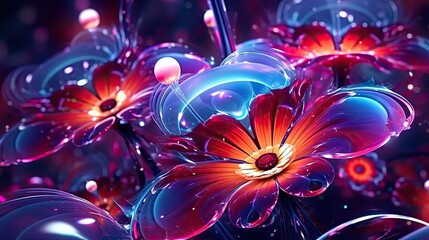 Cosmos flowers in futuristic floral background. Beautiful blooming design. Generative AI