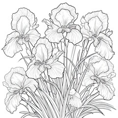 Cute Iris flower in coloring page style illustration. Line art painting. Generative AI