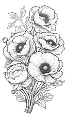 Cute Ranunculus flower in coloring page style illustration. Line art painting. Generative AI