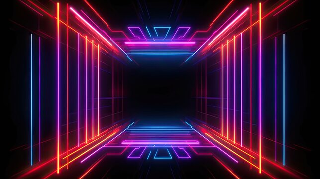 A pulsating neon stage of colorful lasers. Abstract futuristic neon light background. Generative AI