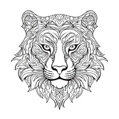 Tiger animal line art illustration. Black and white coloring page style art. Generative AI