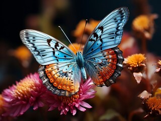 Macro insect photography capturing the delicate beauty of a colorful butterfly perched on a blooming flower generative ai