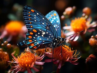 Macro insect photography capturing the delicate beauty of a colorful butterfly perched on a blooming flower generative ai