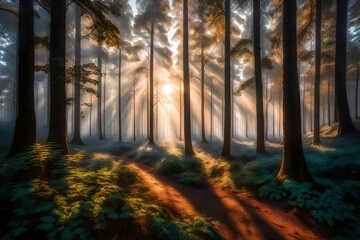 Obraz premium Beautiful Natural Forest Dawn. The first light of dawn gently kisses the horizon, painting the sky with hues of soft pastel colors with the rising sun's generative ai technology