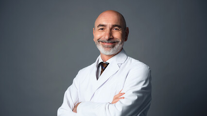 Smiling middle-aged white man in a lab robe. Medical doctor. Scientist.