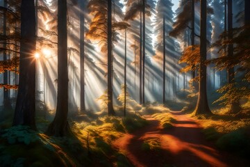 Beautiful Natural Forest Dawn. The forest is embraced by a gentle and delicate dawn, where the sun's light is just beginning to paint the sky-generative ai technology

