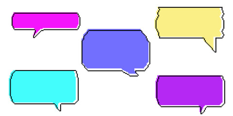 Pixel dialogue bright color box set in white background. Speech pixel bubble for chat and game. Cloud talk for retro game. Vector illustration