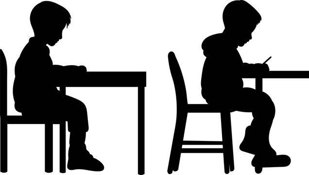 schoolchildren sit at their desks, children do their homework black silhouette vector