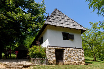 Fototapeta na wymiar Trsic, Serbia - July 13, 2023: Birth house of Vuk Stefanovic Karadzic in Trsic, Serbia. He was a Serbian philologist and linguist who was the major reformer of the Serbian language.